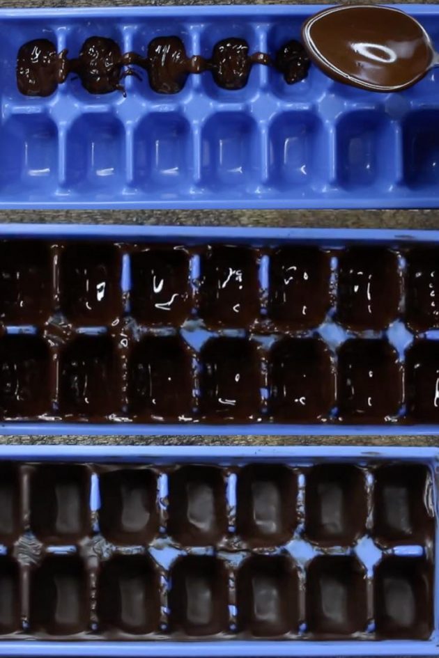 This graphic shows the steps to coat an ice cube tray with chocolate and freeze to harden