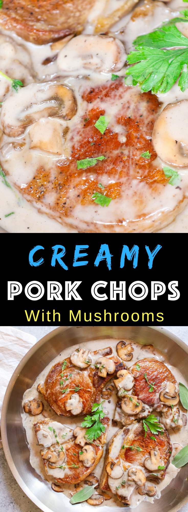 Cream of Mushroom Pork Chops with juicy and tender pork chops smothered in rich and creamy mushroom soup! This comforting Mushroom Pork Chops dish makes an easy dinner recipe for busy nights with one pan and 30 minutes! #CreamyPorkChops #MushroomPorkChops