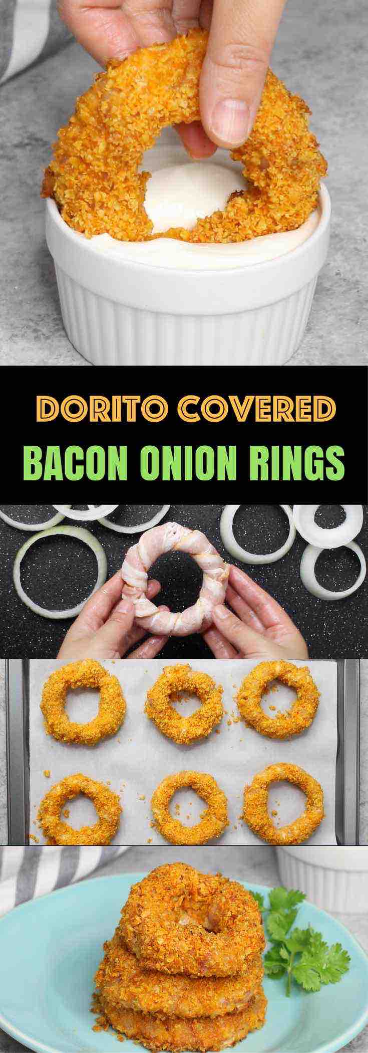 Bacon Onion Rings with a Doritos Crust - crispy on the outside with delicious smokey flavors! Perfect as a party appetizer for Game Day and holidays.