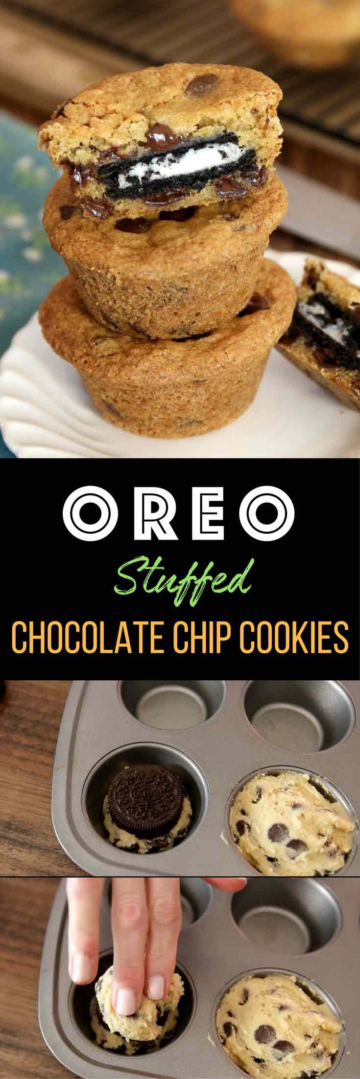 Oreo Stuffed Chocolate Chip Cookies – The BEST soft and chewy big chocolate chip cookies stuffed with Oreos! Quick and easy recipe that’s so fun to make! All you need is your favorite chocolate chip cookie dough and Oreos! So simple and so delicious! It’s great for snacks, parties, or dessert! Great for gifts too! Video recipe. | Tipbuzz.com