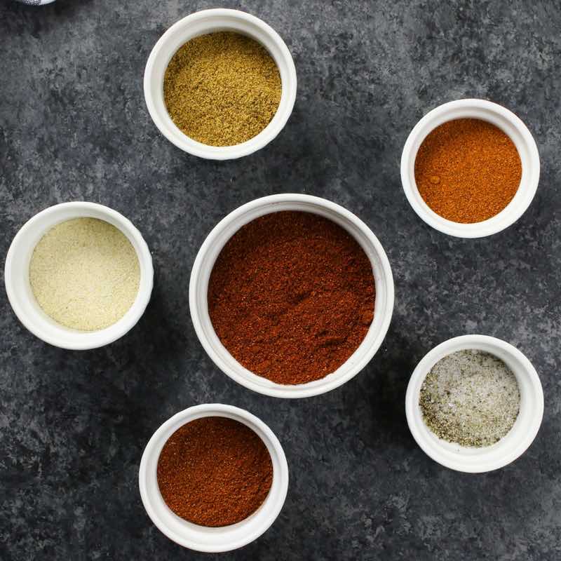 Fajita Seasoning ingredients in ramekins to show the proportions and colors