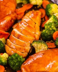 Photo of cooked chicken breasts with a soy glaze on a baking sheet to explain how long to bake chicken breast