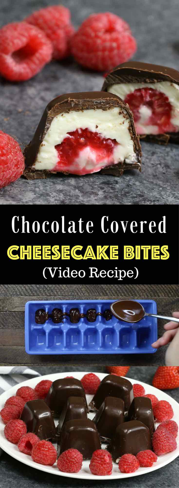 Raspberries Stuffed in smooth and creamy mini cheesecake bites, and then covered by chocolate. The ice cube tray makes it so easy and fun to make! All you need is a few simple recipes: raspberries, chocolate, cream cheese, sugar, vanilla and whipped cream. An easy recipe that makes a great finger food dessert for parties, brunch, or as an afternoon snack! Great for Mother’s Day! Party food, no bake, party dessert recipes. Video recipe. #cheesecakebites #videorecipes #nobaketreats #thanksgivingdessert #chocolatedessert #dessert #chocolaterecipes