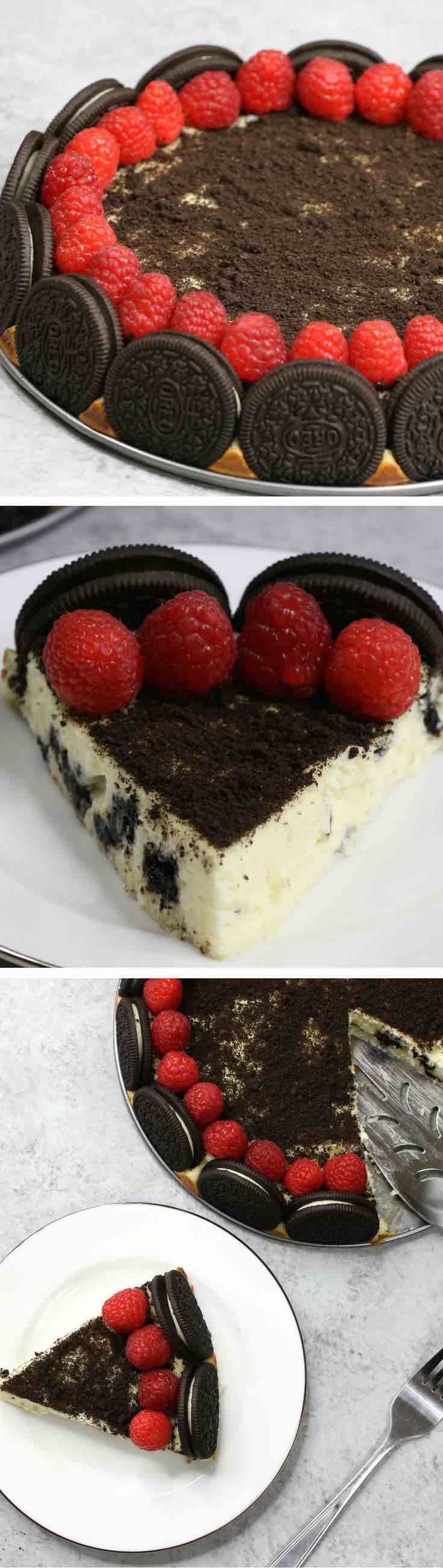 The Ultimate Oreo Cheesecake – the easiest and most beautiful cake topped with cookies and cream crumbs and fresh raspberries. All you need is a few simple ingredients: oreo cookies, cream cheese, sugar, vanilla, eggs, sour cream and raspberries. Great for dessert, brunch, birthday parties or Mother’s Day. Video recipe. | tipbuzz.com