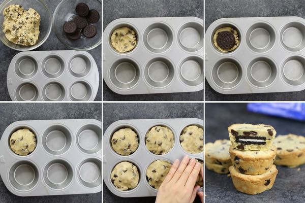 Process photo showing the steps for making oreo chocolate chip cookies