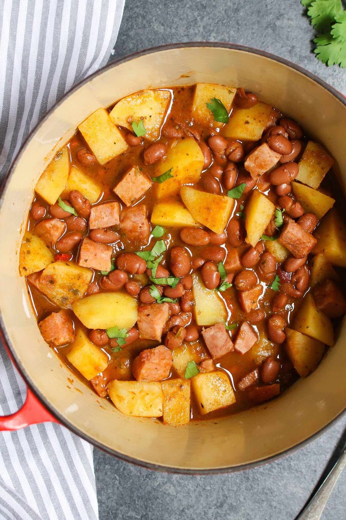 The tender beans are simmered in a sofrito and tomato based sauce