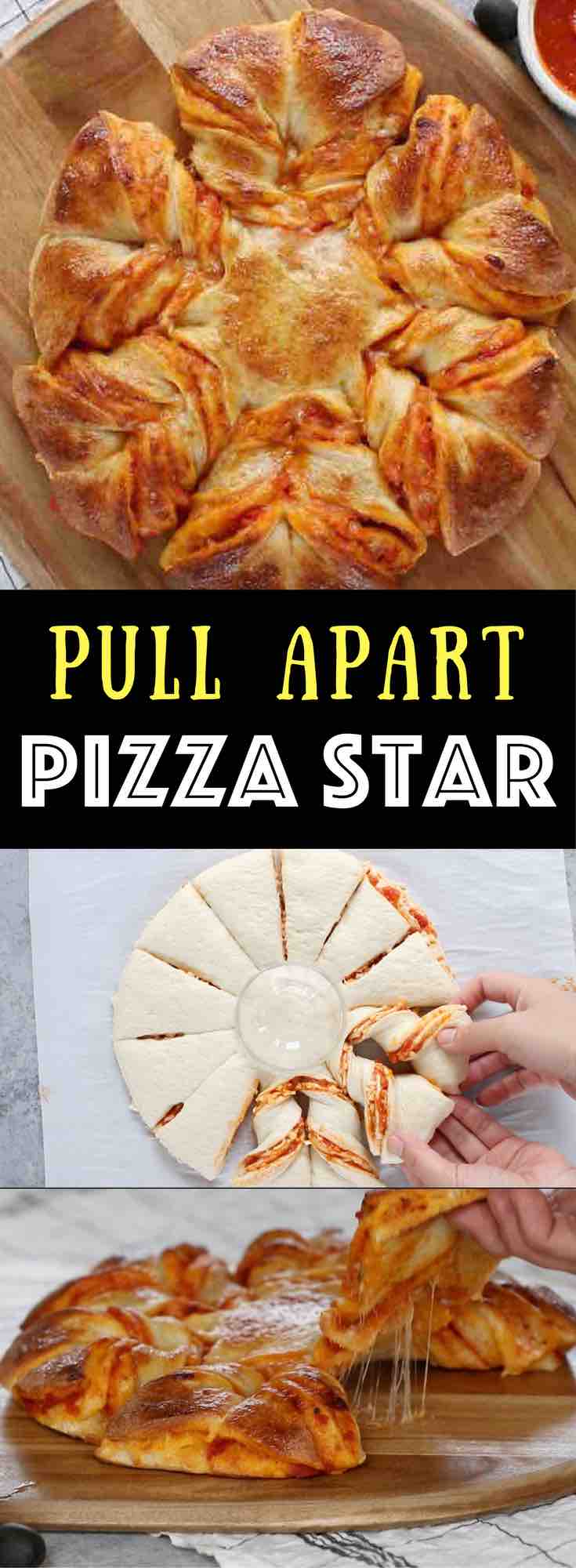 Pull Apart Pizza Star - warm, cheesy and pull apart Pizza! The easiest and fun pizza recipe that can be prepared in 5 minutes and ready in 20 minutes. All you need is only 5 ingredients: refrigerated pizza dough, marinara sauce, shredded mozzarella, egg and water. The perfect snack, lunch or quick dinner. Fun for game day too, and you will wow your guests! Quick and easy recipe. Party food, easy dinner. Video recipe. | Tipbuzz.com