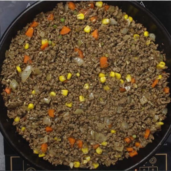 Skillet Shepherd's Pie - this is a photo of the cooked meat mixture for shepherd's pie, a combination of browned ground beef, onions, garlic, vegetables and seasonings