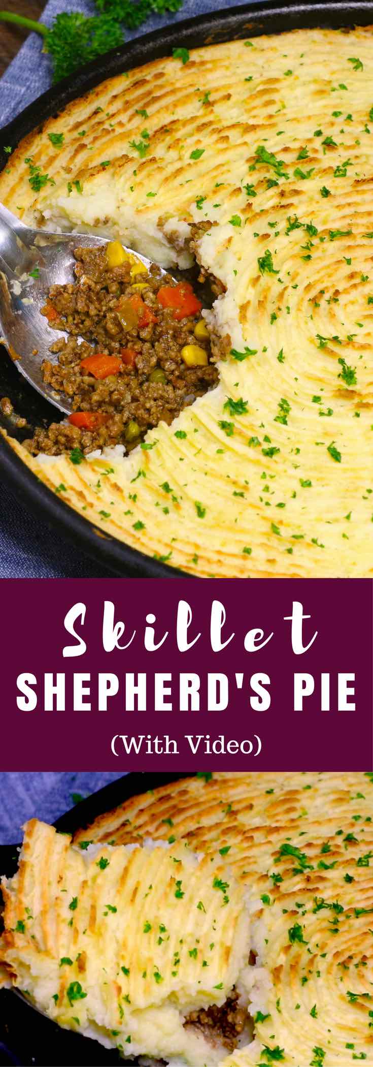 The Best Skillet Shepherd’s Pie – Loaded with delicious and flavorful filing of beef, onions, carrots, green beans and corn, then topped with a buttery and creamy mashed potatoes with parmesan cheese. Baked to perfection golden color. An incredible comfort food! #DinnerRecipe. #shepherdspie Video recipe.