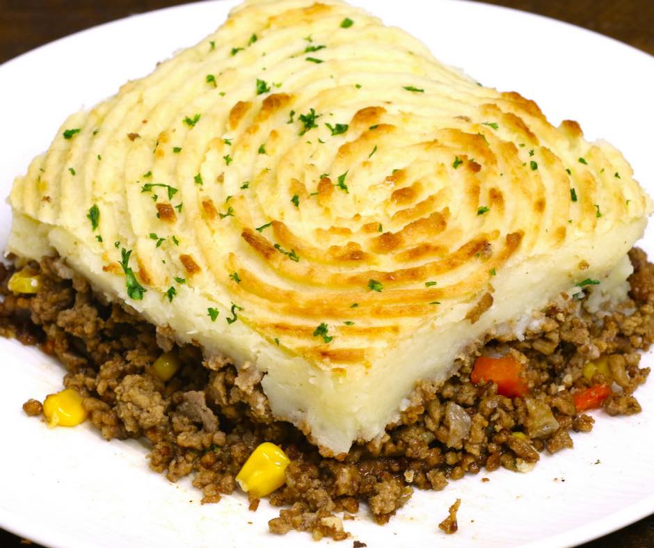 Skillet Shepherd's Pie - this photo shows a square piece of shepherd's pie or cottage pie served on a plate