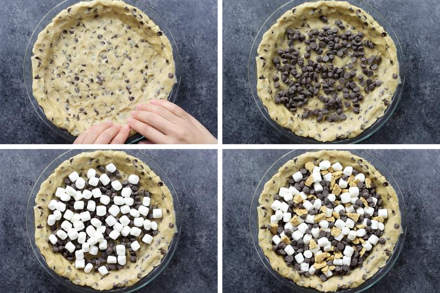 Smores Stuffed Skillet Cookie - these photos show the steps for making this dessert