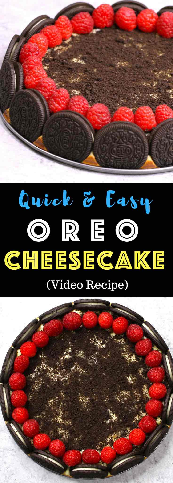 The Best Oreo Cheesecake – the easiest and most beautiful cake topped with cookies and cream crumbs and fresh raspberries. All you need is a few simple ingredients: oreo cookies, cream cheese, sugar, vanilla, eggs, sour cream and raspberries. Great for dessert, brunch, birthday parties or Mother’s Day. Video recipe. 