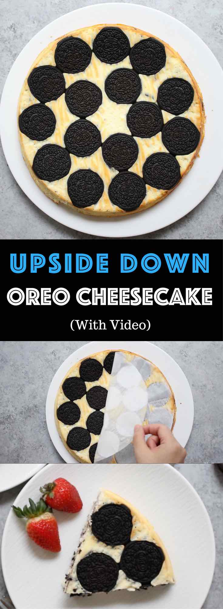 Upside Down Oreo Cheesecake – So delicious and super easy to make with only 6 simple ingredients: oreo, cream cheese, sugar, yogurt, eggs, vanilla. There are yummy oreos at the bottom. The perfect quick and easy dessert recipe. Video recipe. | tipbuzz.com